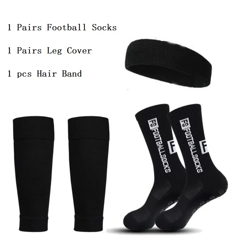 3Pcs Set FS Soccer Socks Anti-Slip Grip Football Socks Men Women Shin Guard Leg Cover Running Yoga Gym Elastic Sport Headband