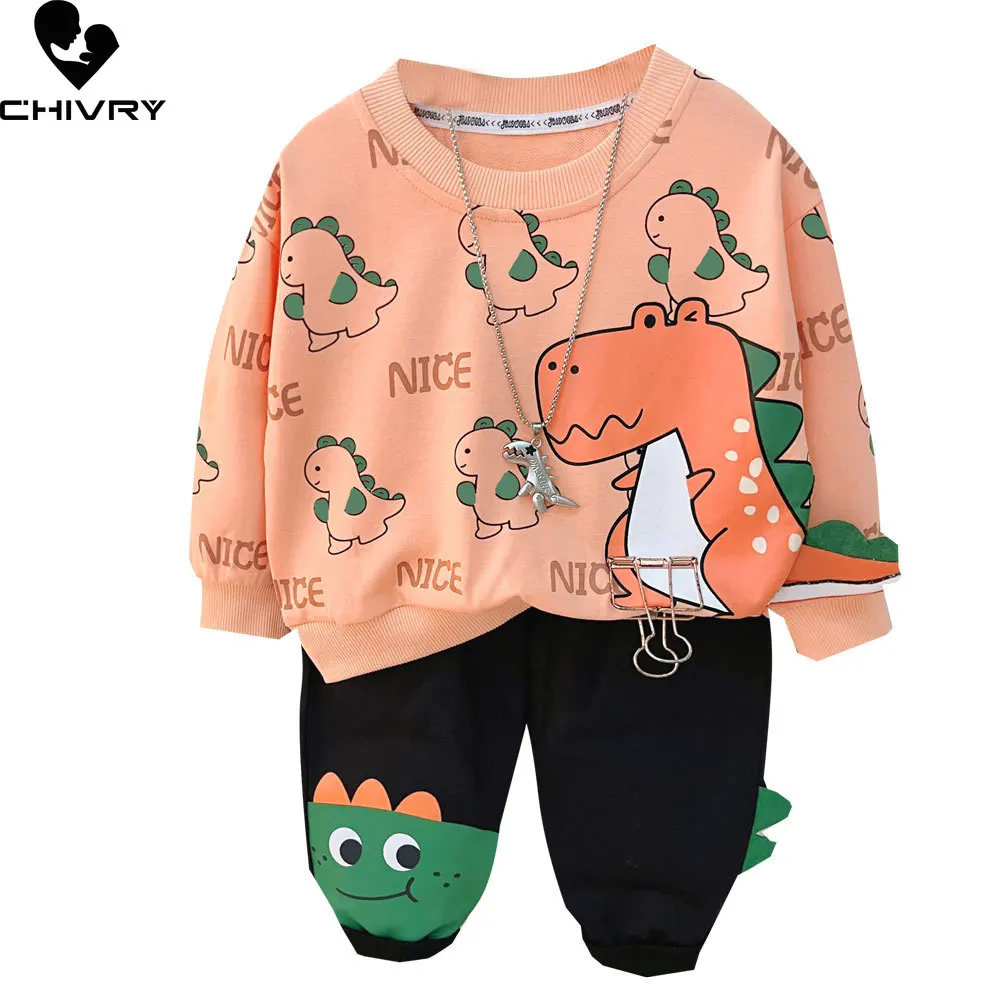 

New 2023 Kids Baby Spring Autumn Fashion Cartoon Dinosaur Letter Round Neck Sweatshirt Tops with Pants Boys Casual Clothing Sets