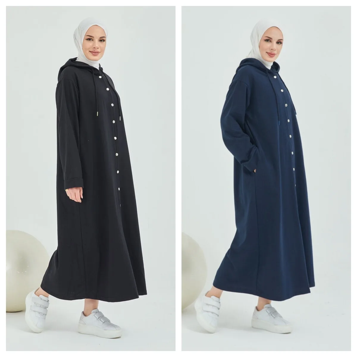 2023 New Autumn/Winter Japanese Cotton Pure Color Warm Long Sleeve Muslim Robe Dress