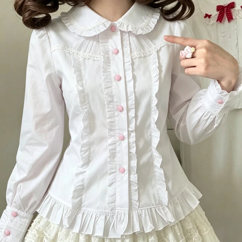 Damen Süße Lolita Bluse mit Spitzenrüschen-Detail, Weiß, Schmal Geschnitten, Sommerliche Freizeit-Oberteile für den Alltag und Partys, Damenbekleidung