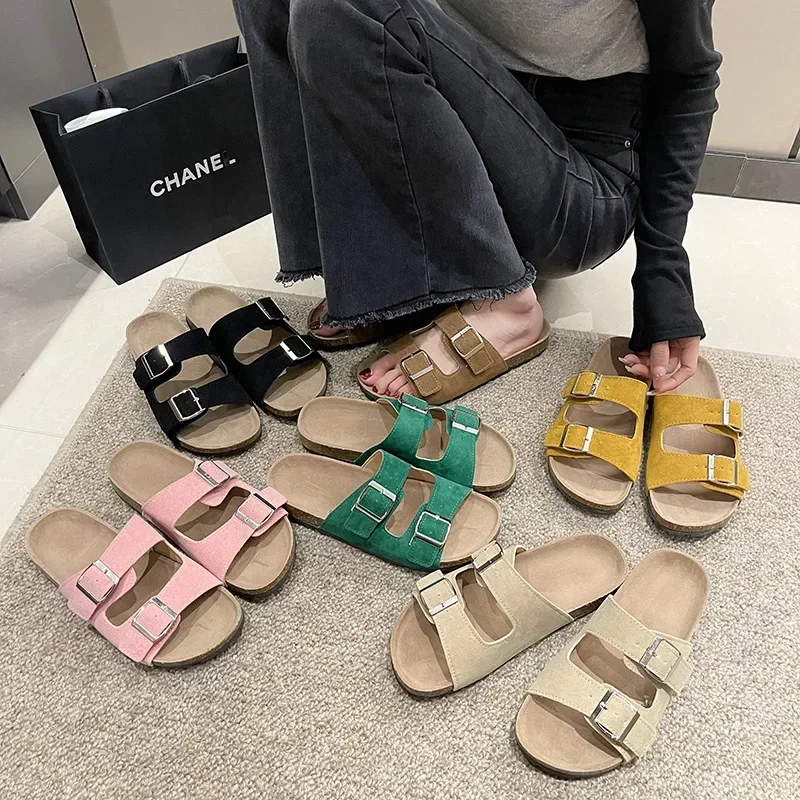 Whoholl Women Classic Cork Slippers New Unisex Suede Flats Sandals with Arch Support Summer Beach Slides Adjustable Buckle Shoes