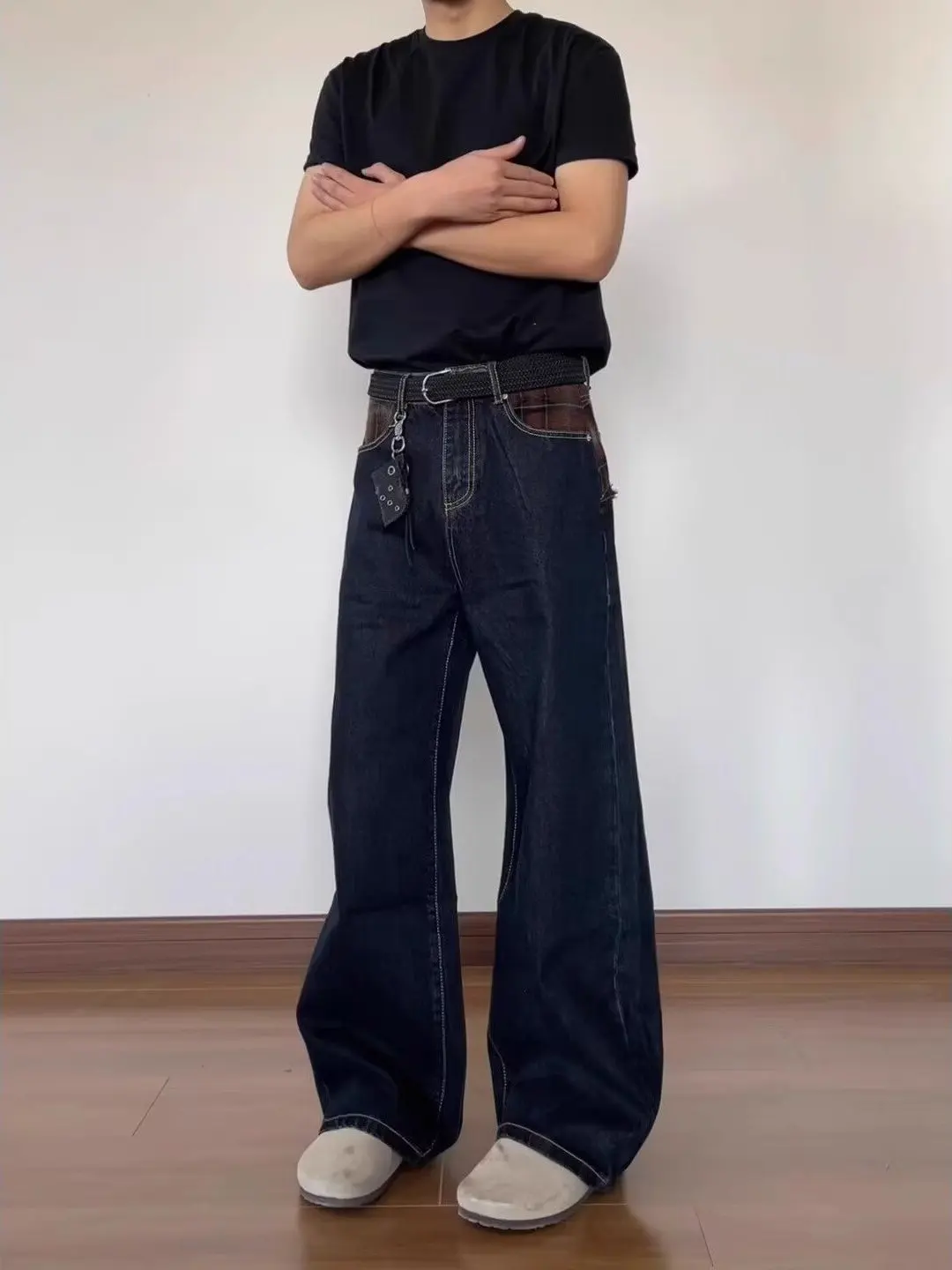 

Retro American Plaid Splicing Straight Leg Jeans Loose Casual ex Long Pants Drag Couple Cotton Polyester Blend Jeans