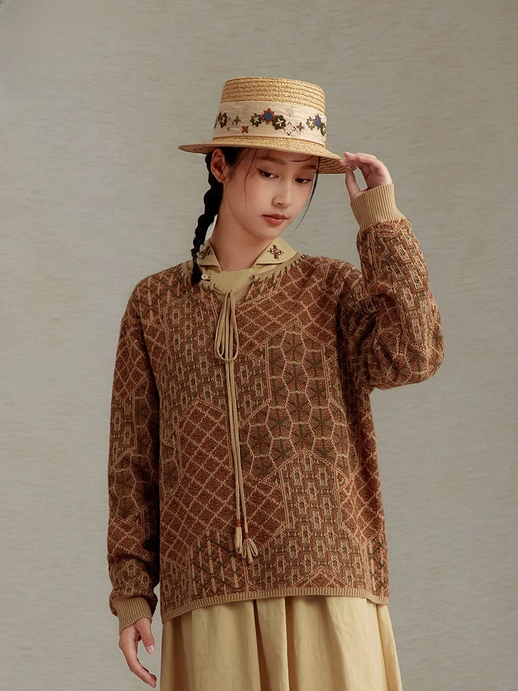 

Retro Artistic Ethnic Sle Floral Embroidery round Ne Mid-Length Women's Knitted Sweater Comfortable Polyester Fiber Long ...