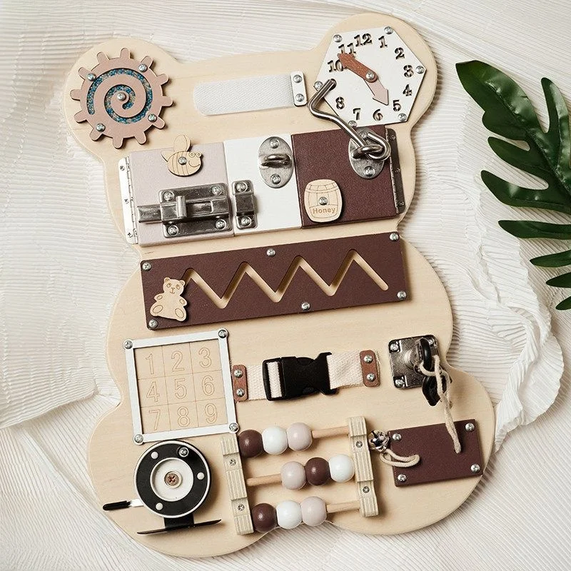 لوحة تعليمية خشبية على شكل دب للأطفال فوق 3 سنوات، ملحقات تعليمية طبيعية اللون بنظام مونتيسوري