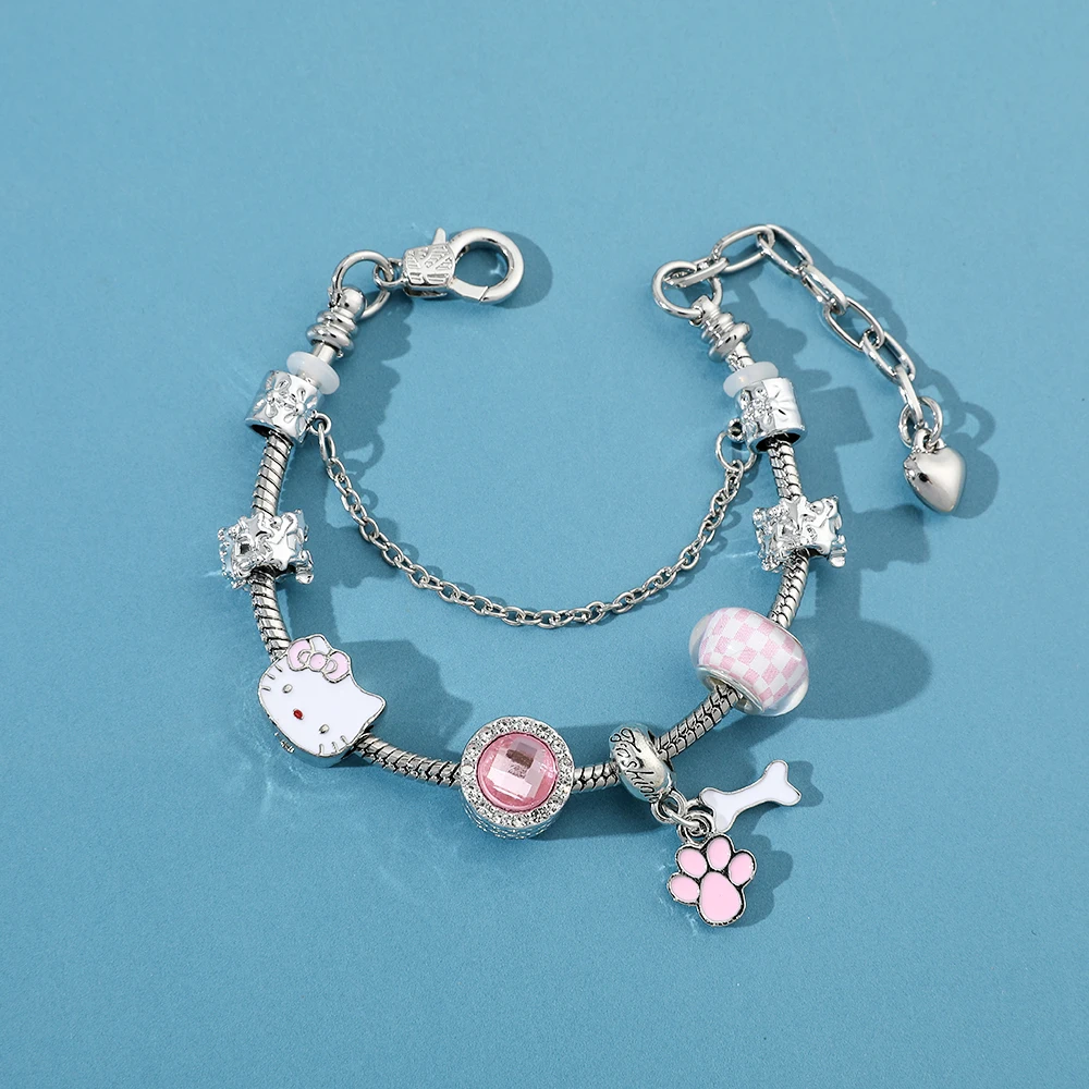 อะนิเมะ Kawaii Hello Kitty สร้อยข้อมือ Charms ลูกปัดโลหะทําชุดเด็กของขวัญเครื่องประดับอุปกรณ์เสริม