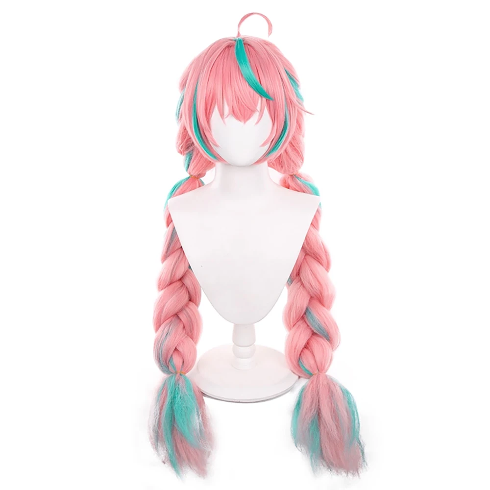 Varesa Cosplay Wig Long Pink Teal Highlights Double Braids Heat Resistant Synthetic Anime Hair For Women Halloween Costume Party