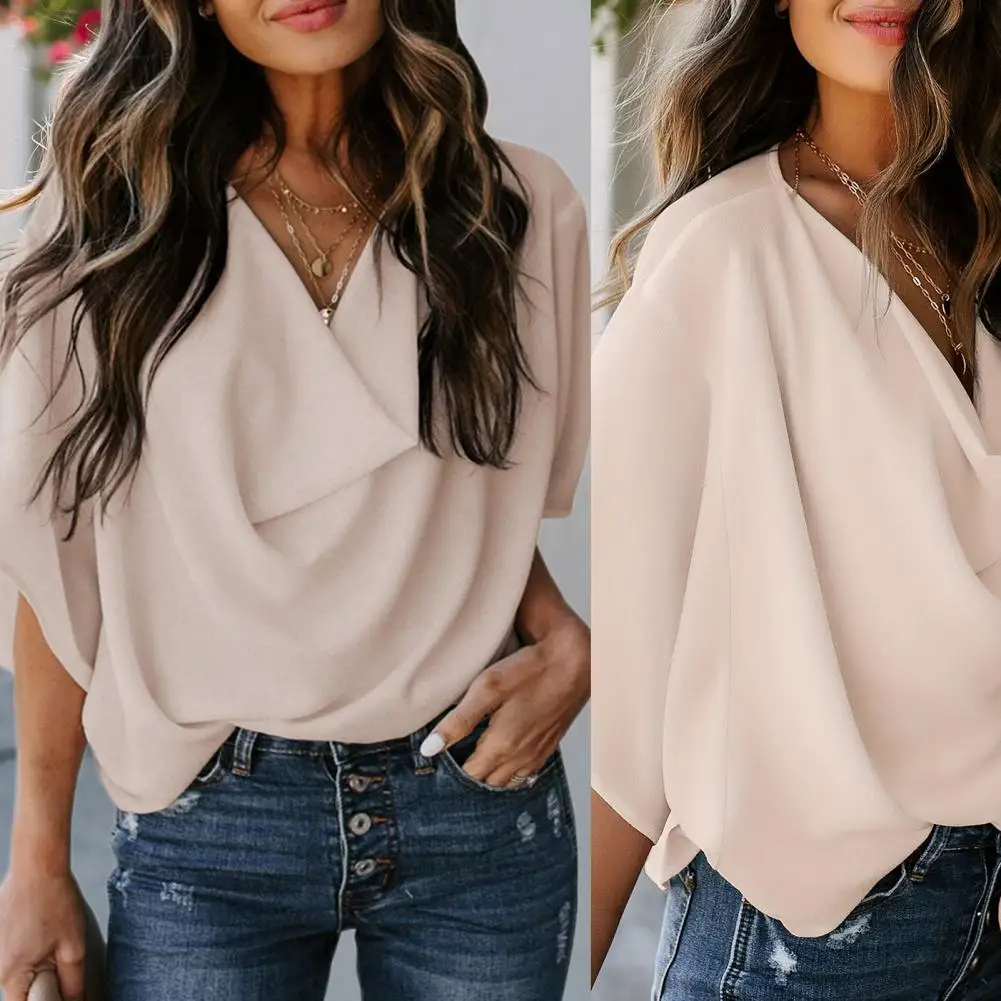 Summer Tops Flared Sleeve V-neck T-shirt Loose Fit Pleated Neckline Breathable Chiffon Fabric for Summer Streetwear Loose Fit