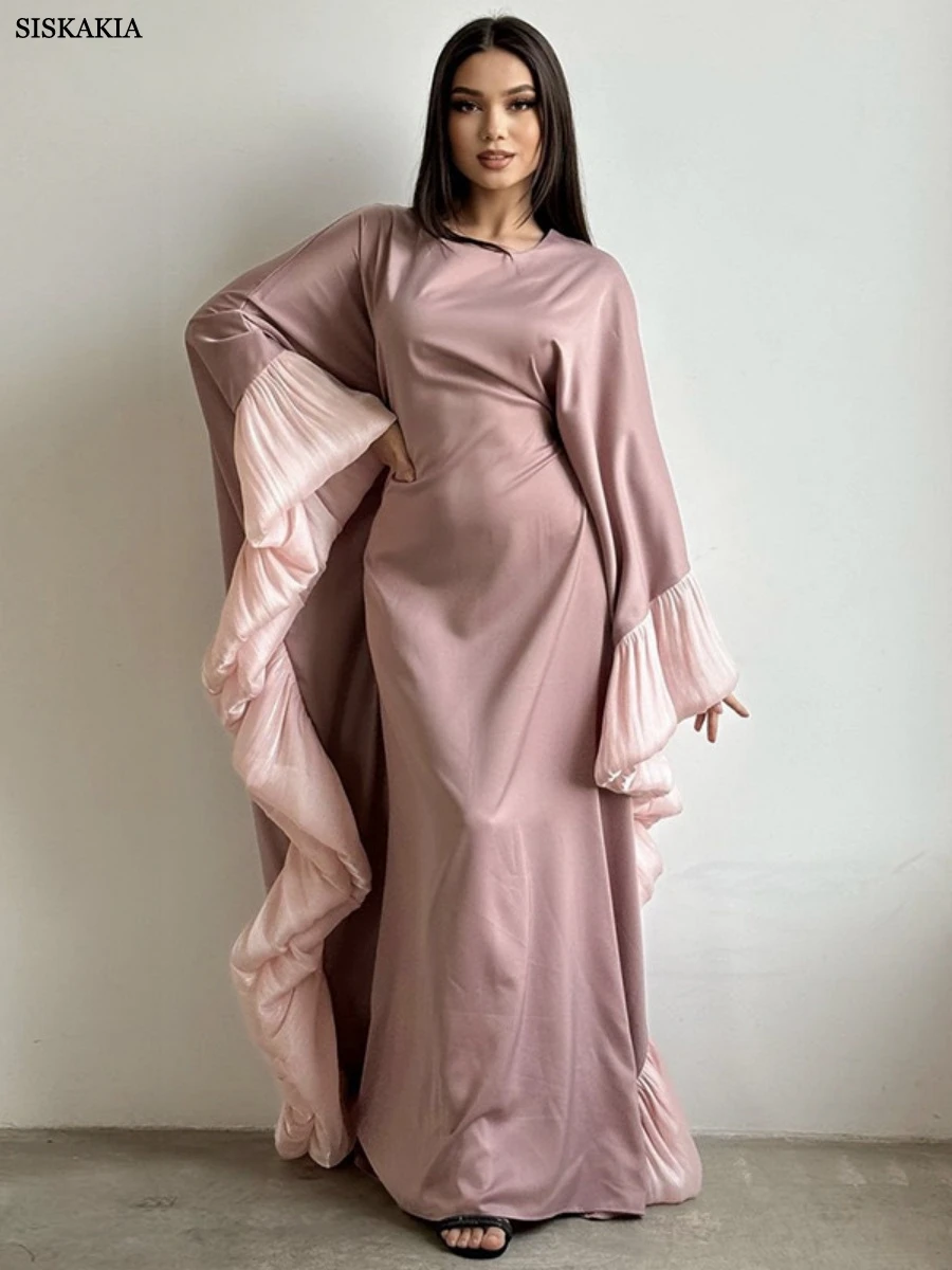 Siskakia Luxury Women Petal Sleeve Abayas Batwing Dubai Batwing Sleeve Maxi Dress Muslim Fashion Solid Kaftan 2025