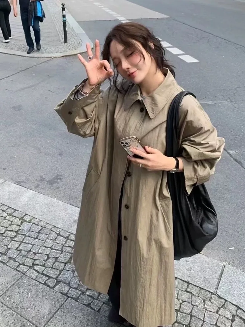 

Шикарное винтажное универсальное женское длинное свободное пальто, осенняя мода, высококачественная универсальная верхняя одежда Ele Sli