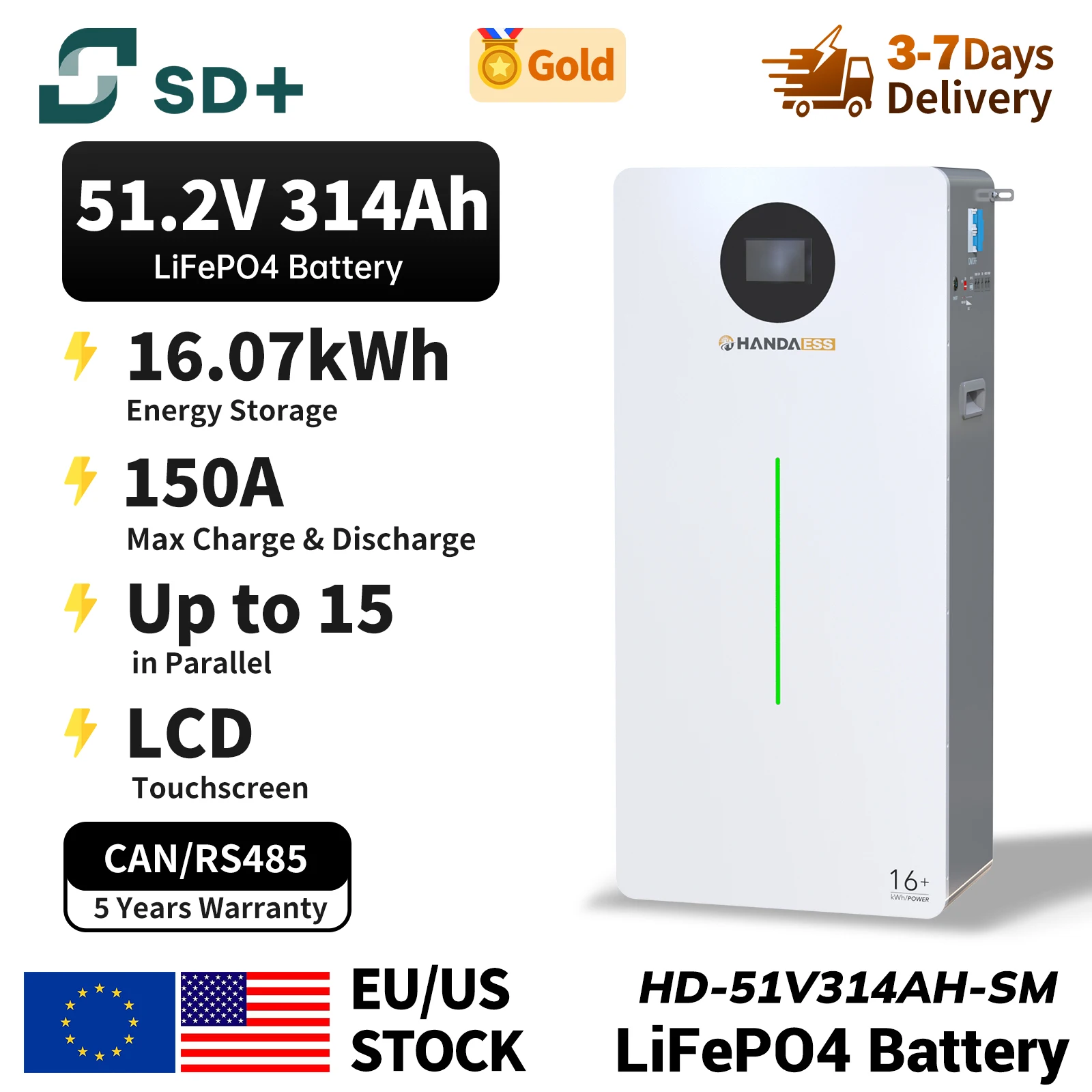 SANDISOLAR HANDA LiFePO4 Battery 51.2V 314Ah 16076Wh｜6000 Cycles /Small Size/Light Weight//Long Cycle Life