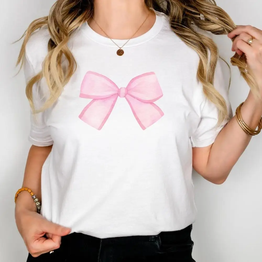 

Bow Graphic Tee Shirt with Bow Woman Preppy T-Shirt for Her Preppy Gift Woman Pink Bow TShirt Graphic Bow Tshirt Pink Bow