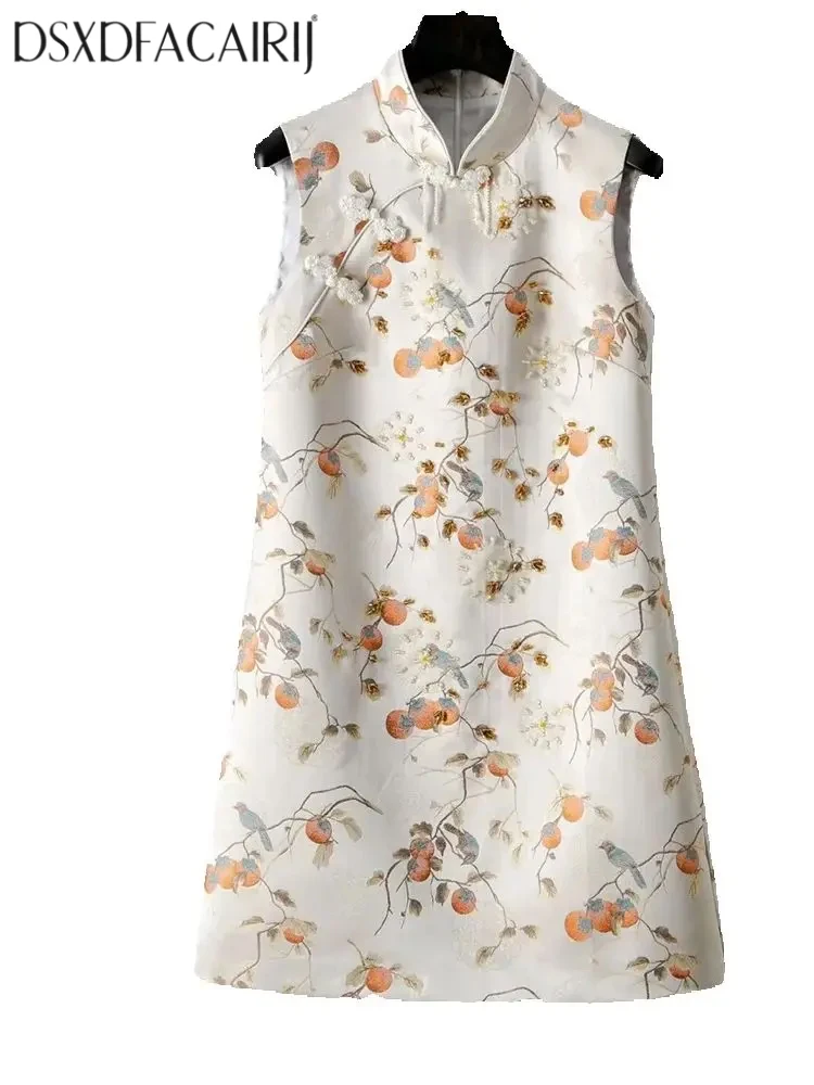 

DSFACAIRIJ Women's Chinese Style Print Beaded Sleeveless Dress Stand Collar Mini Fashion Summer Female