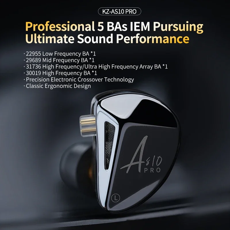 KZ AS10 PRO 5BA In-Ear Earphones HiFi Stereo Monitor Earbuds BassHeadphone with 2PIN Silver-plated Cable