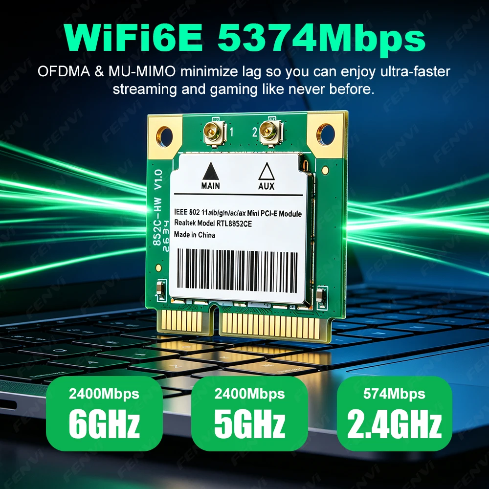 WiFi 6E RTL8852CE Mini PCIe Wireless Card Tri Band 2.4G/5G/6GHz BT5.3 MU-MIMO Network Adapter for Laptop Mini PC Windows 10/11