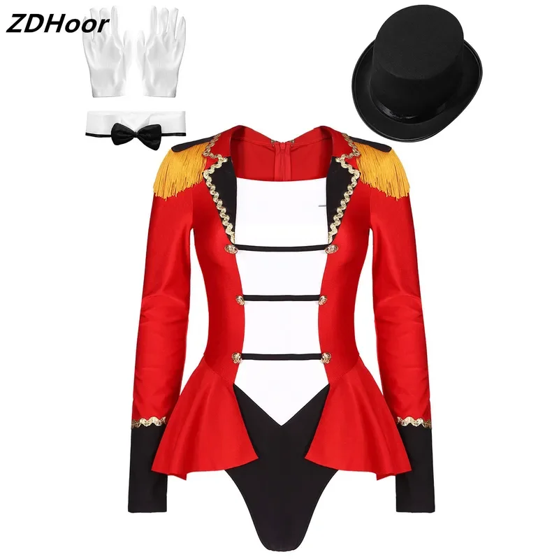 RT01 Damen Circus Ringmaster Halloween-Kostüm-Set, langärmelig, Revers, Fransen, Schulter-Body mit Hut, Schleife, Kragen, Handschuhe für & Gf1