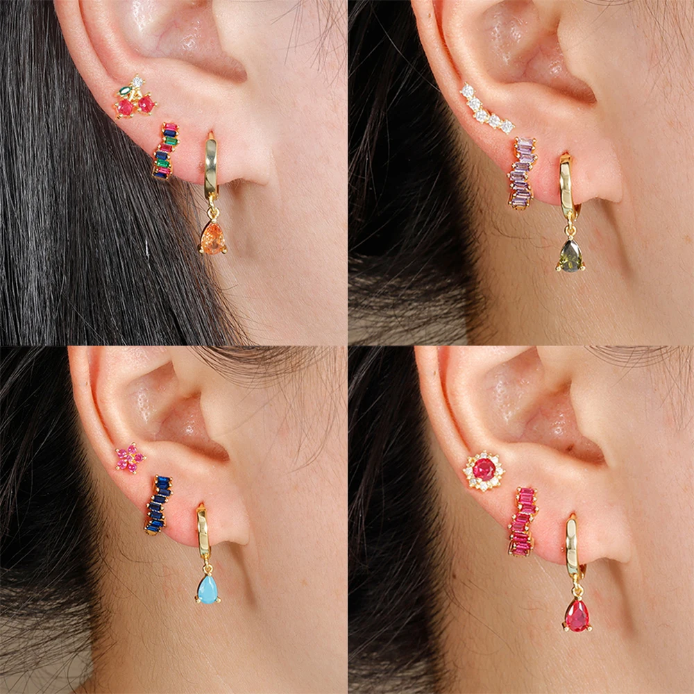 3PCS Stainless Steel Colourful Zircon Water Drop Earrings Set For Women Fashion Flower Helix Cartilage Earring Piercing Jewelry