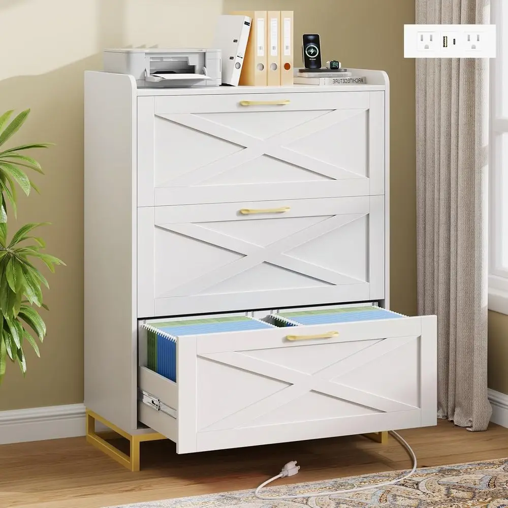 

White and Gold Large Wood File Storage Cabinet with Charging Station and Hanging File Organizer for Home Office