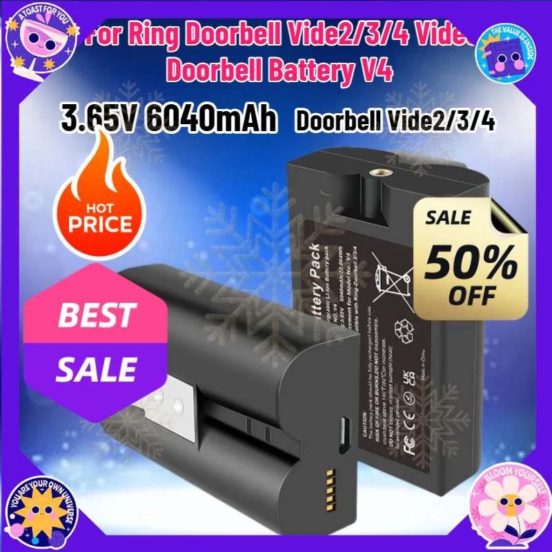 SWZY 3.65V 6040mAh 8AB1S7-0EN0 for Ring Doorbell Vide2/3/4 Video Doorbell Battery V4 Rechargeable Lithium Battery