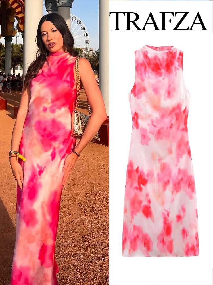 HH Mulheres Verão Em Torno Do Pescoço Moda Tie-Dye Seda Cetim Textura Midi Vestido Feminino Elegante High Street Casual Vestido Sem Mangas