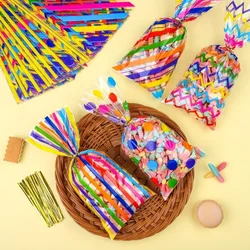 100 Pcs Rainbow Cellophane Candy Bags with Twist Ties Stripes Polka Dot Printed Pattern Gift Bags for Baby Shower Party Supplies