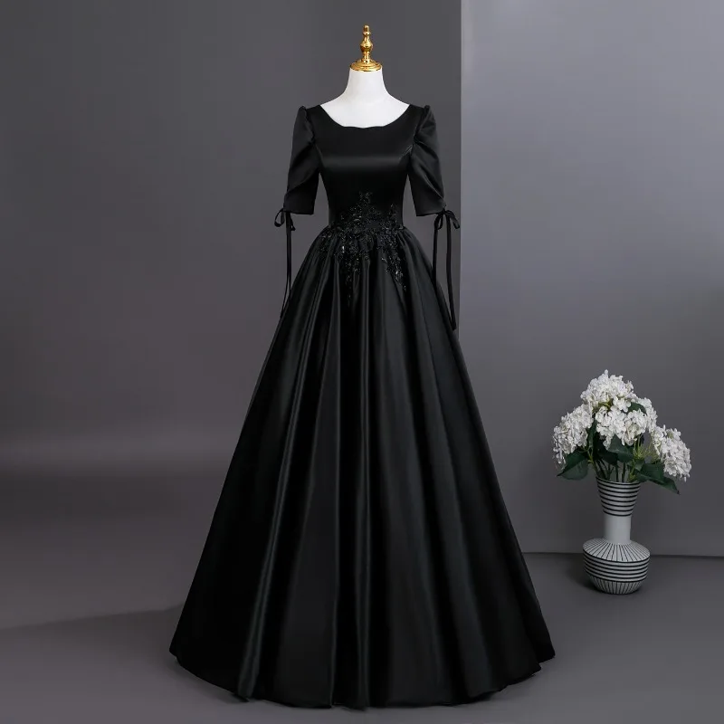 2025秋冬新作 ブラック 高級ピアノ演奏会ドレス 年次総会 声楽試験演奏会ドレス 女性用