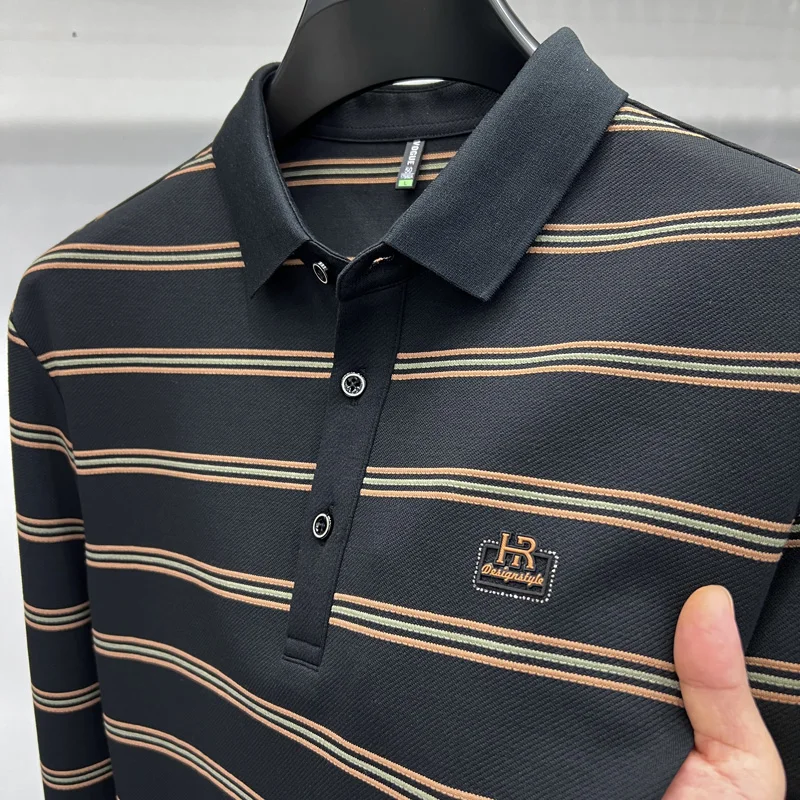 Light luxury brand striped long sleeve polo shirt men autumn trend embossed design T-shirt casual business Paul men's clothing