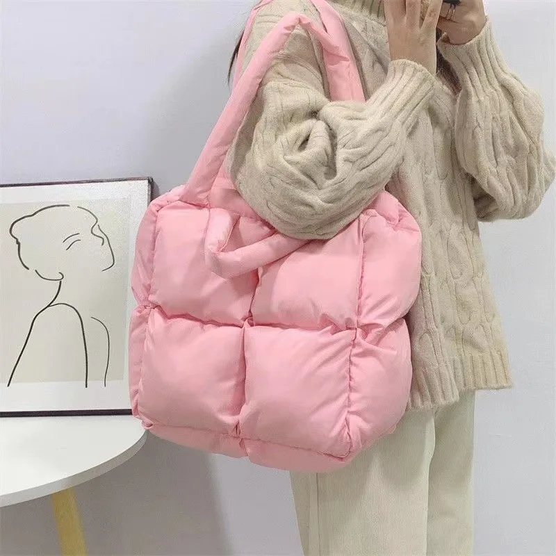 

Winter Diamond Down Handbag for Women Soft Padded Shoulder Bag Space Cotton Tote Bag New Armpit Bag Gilrs Top-handle Bag Purse