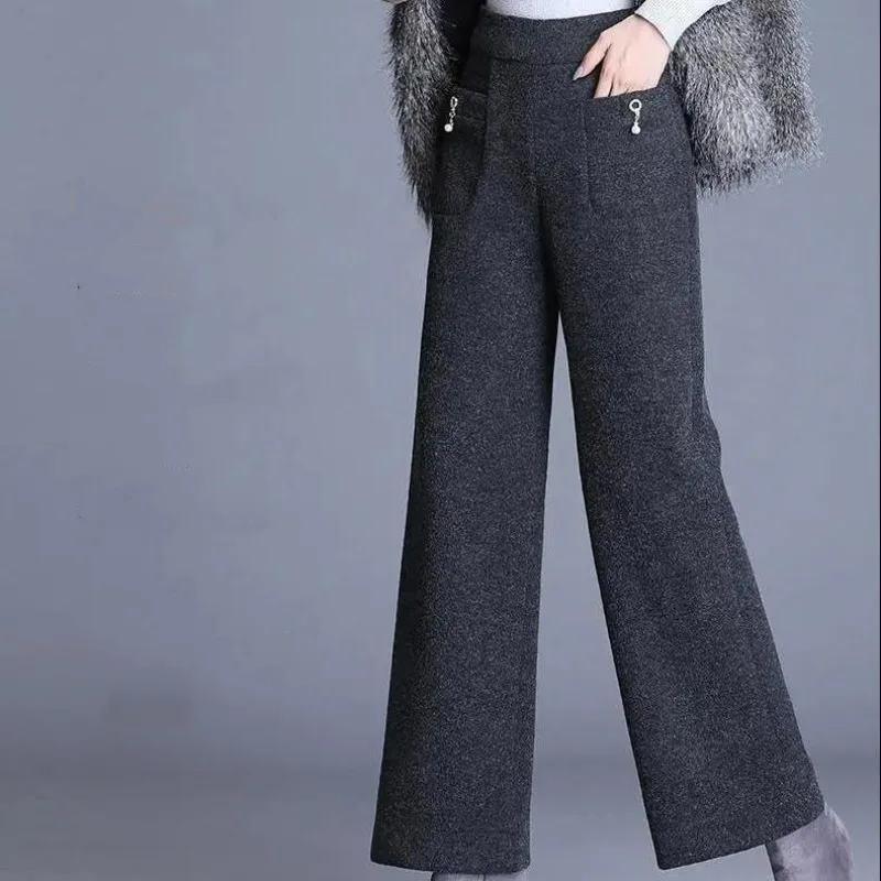 Autumn and Winter Women\'s Solid High Waist Loose Thickening Elastic Pockets Oversized Wide Leg Fashion Office Lady Trousers