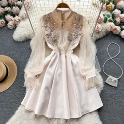 Spring and Autumn Palace Style Luxury Designer Heavy Work Nailed Beads High Waist Slim Spliced Mesh Dress Fairy French Dress