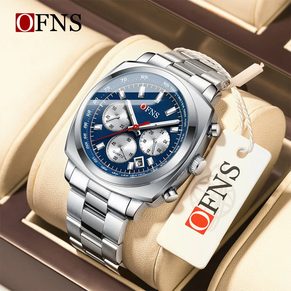 

OFNS Brand 1601 Fashion Men's Quartz Watch Steel Band Calendar Business Six Pin Three Eye Timing Waterproof Men's Quartz Watch