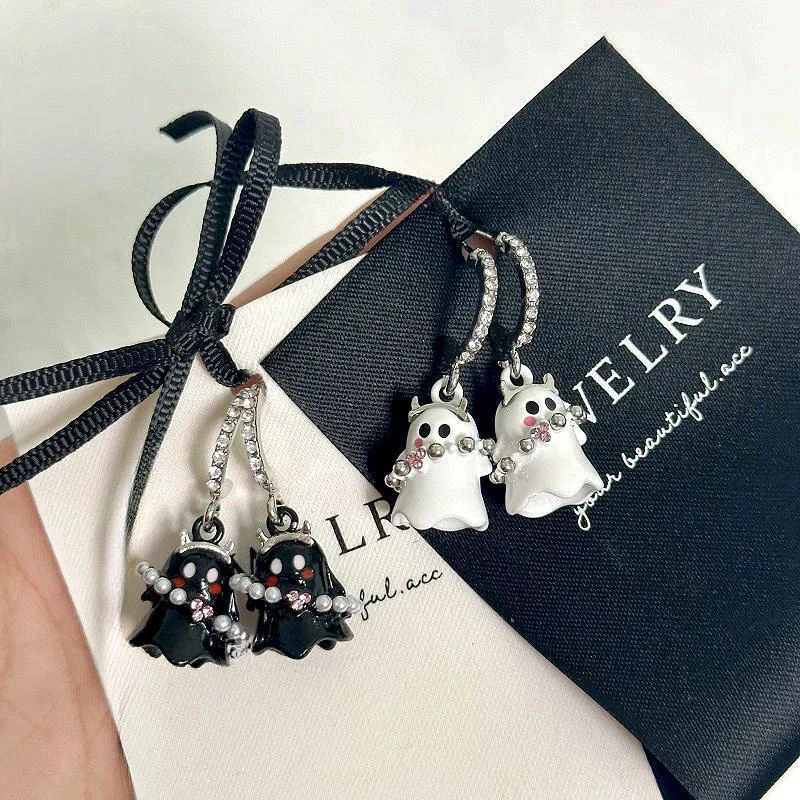 Gothic Punk Halloween Ghost Dangle Earrings for Women Girl Shiny Zircon Pearl Funny Ghost Earring Festival Aesthetic Jewelry