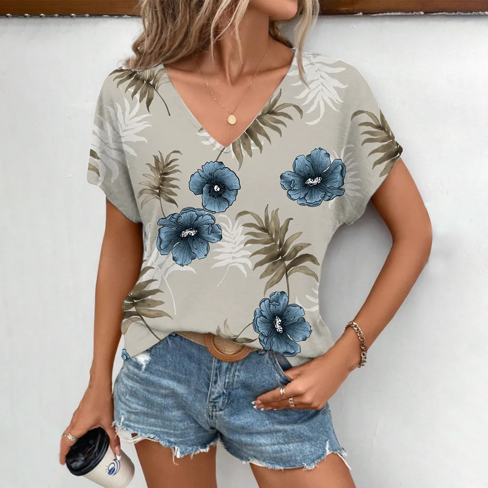 Women\'s V-neck T-shirt Fashion Fragmented Flowers Pattern T-shirt Comfortable Leisure Elegant Short Sleeved Women\'s T-shirt