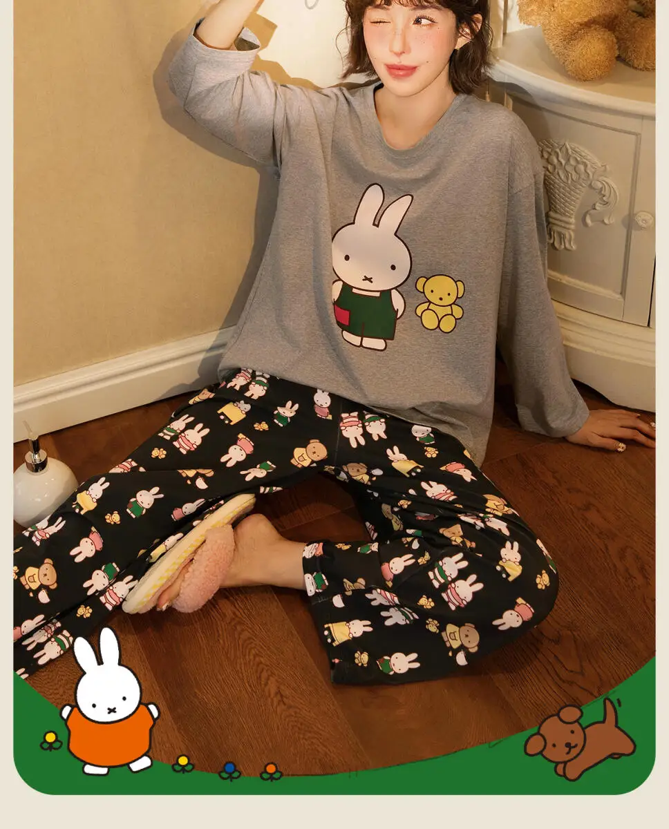 Le donne degli indumenti da notte Miffy possono indossare set di abiti da casa stampati in puro cotone a maniche lunghe primaverili e autunnali