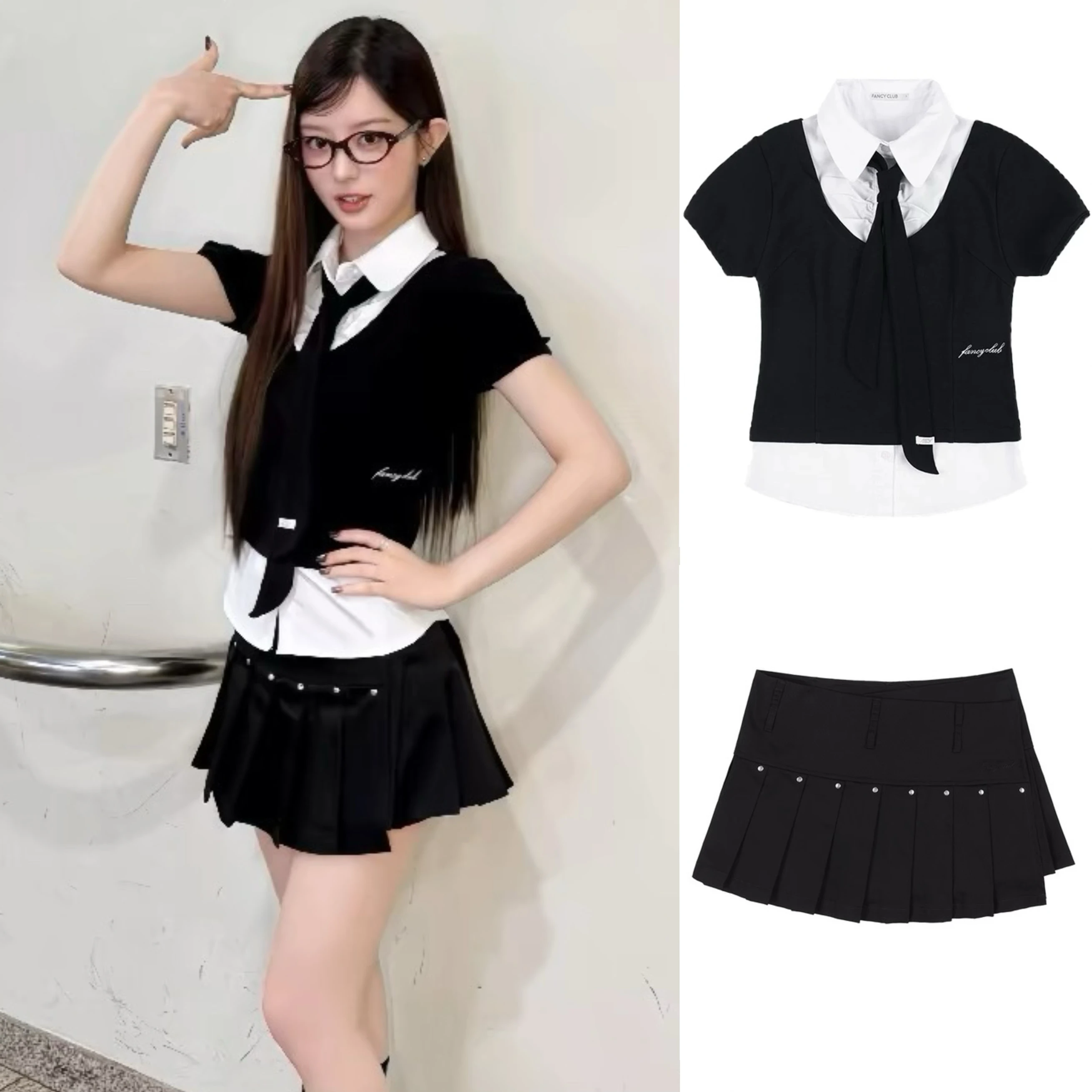 

Korean Sle Asymmetrical Pleated Skirt And irt Set Women's Faion Ensemble Non-orm Ensemble Polyester Fabric