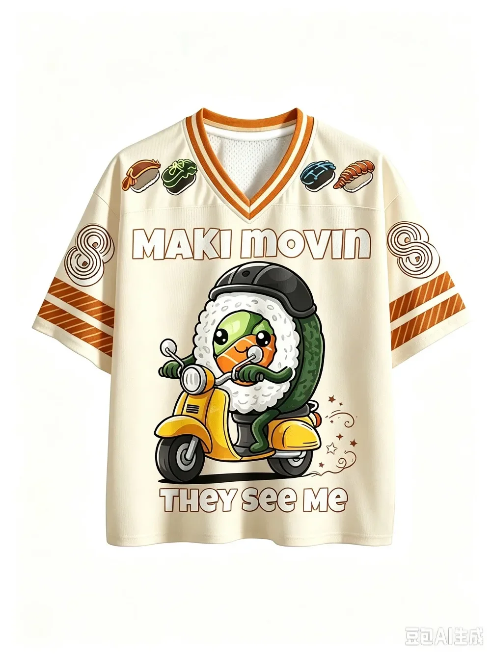 Funny Maki Sushi Roll Scooter Football Jersey 3D Tshirt Unisex Vneck Short Sleeve Cute Cartoon Food Meme Loose Casual Street Tee