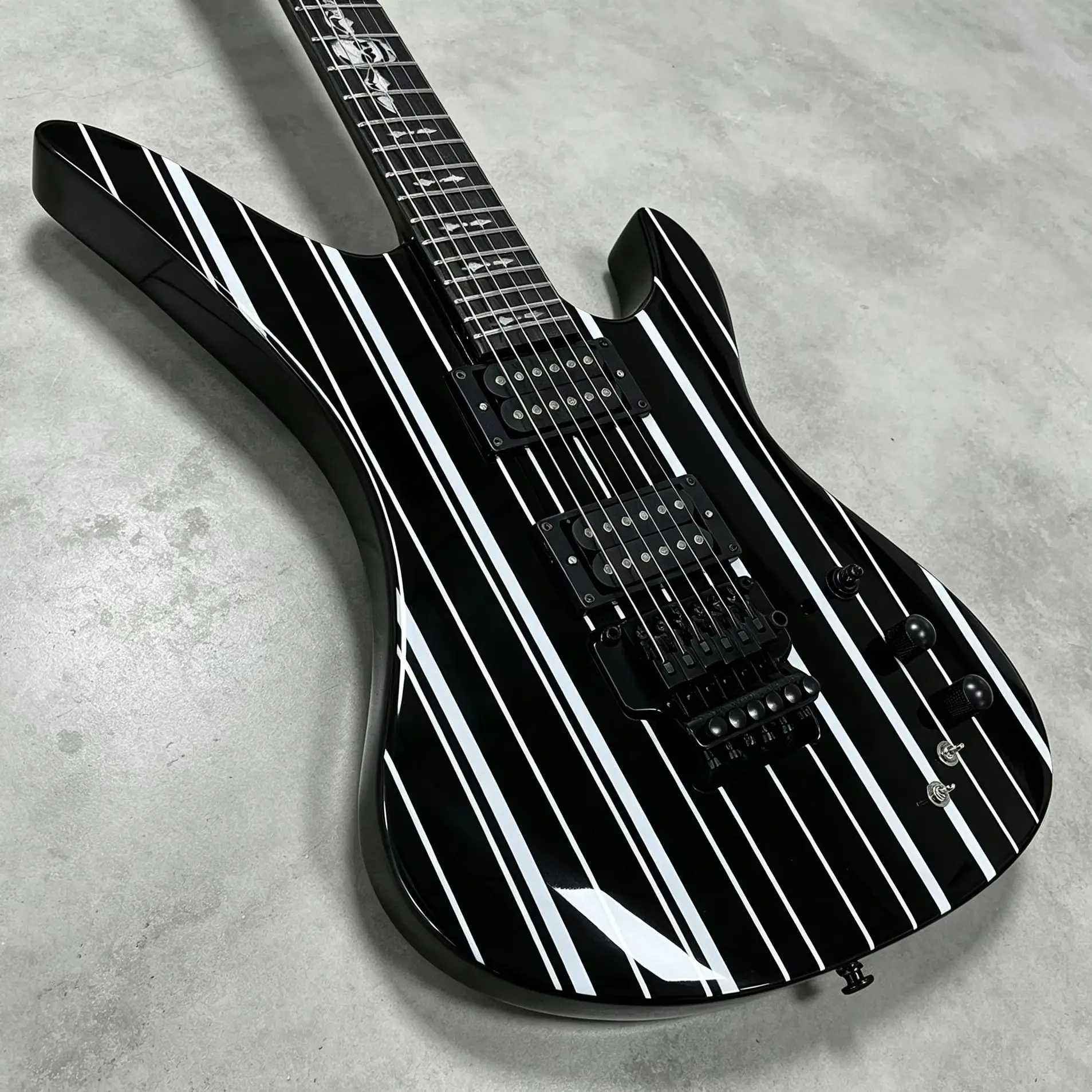 Electric Guitar Gloss Black White Vertical Stripes Dual Humbucker Pickups Double Lock Tremolo Metal Guitar