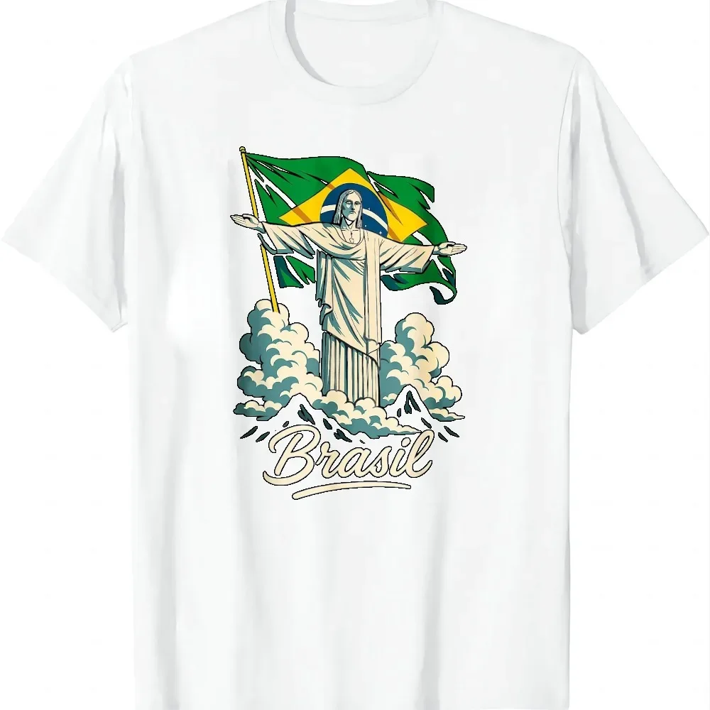 Brazil Cristo Redentor Statue and Flag Landmark Art Women T-Shirt Short Sleeves Casual Gifts Men Summer Tops Women's Clothing