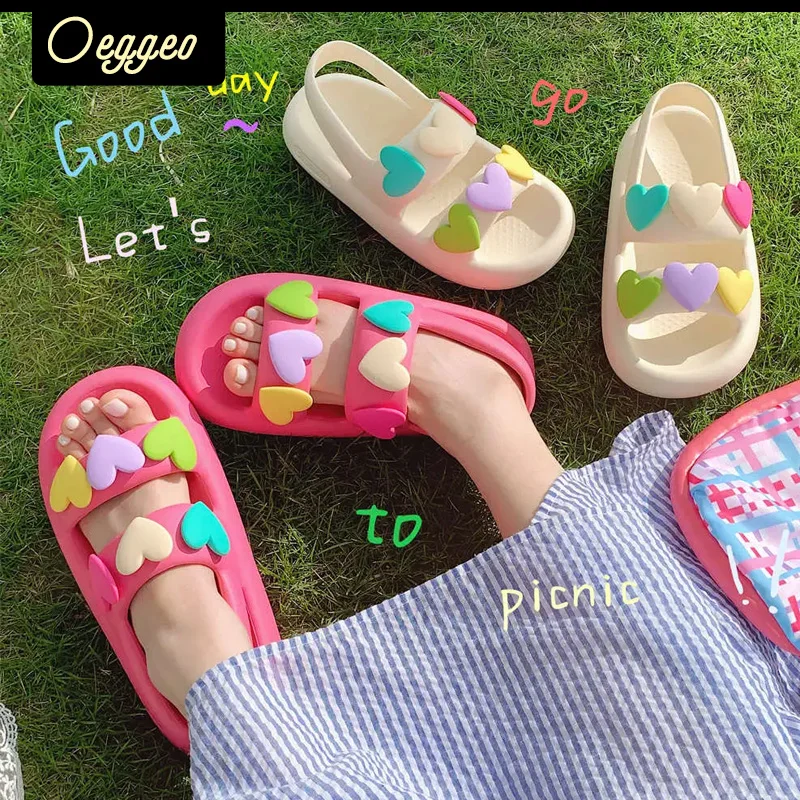 

oeggeo shop Colorful Love Holiday Sandals Women's shoes Thick sole integrated flat sole sandals