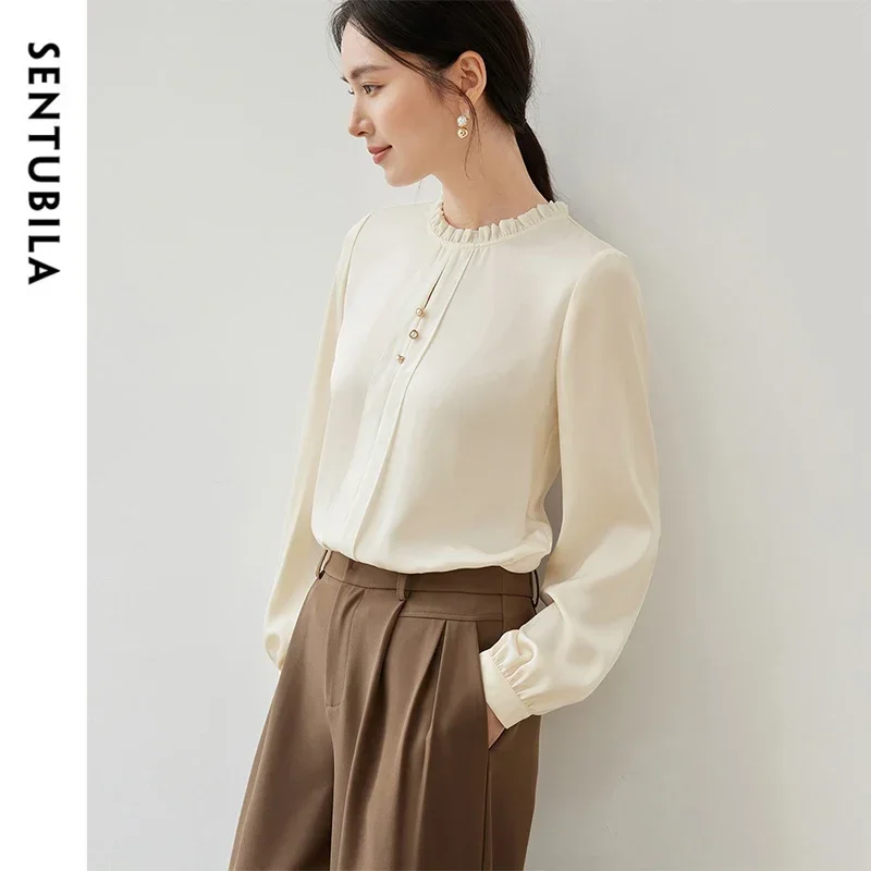 SENTUBILA Women's Elegant Chiffon Blouse 2025 Spring Commute Fashion Ruffled O Neck Long Sleeve Top Womans Clothes 143V56980