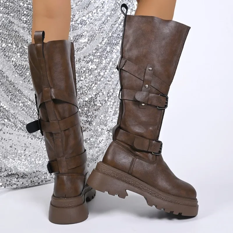 

Western Cowboy Boots 2025 Fall New Round Toe High Buckle Lace-up Block Heel Platform Knight Boots