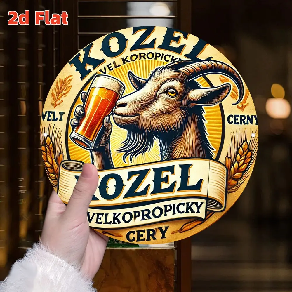 لوحة فنية جدارية معدنية مسطحة ثنائية الأبعاد من Kozel Czech Brewery Vintage Beer Logo - علامة ألومنيوم مستديرة مقاس 19.81 سم مع تصميم الماعز والبيرة، متينة #3