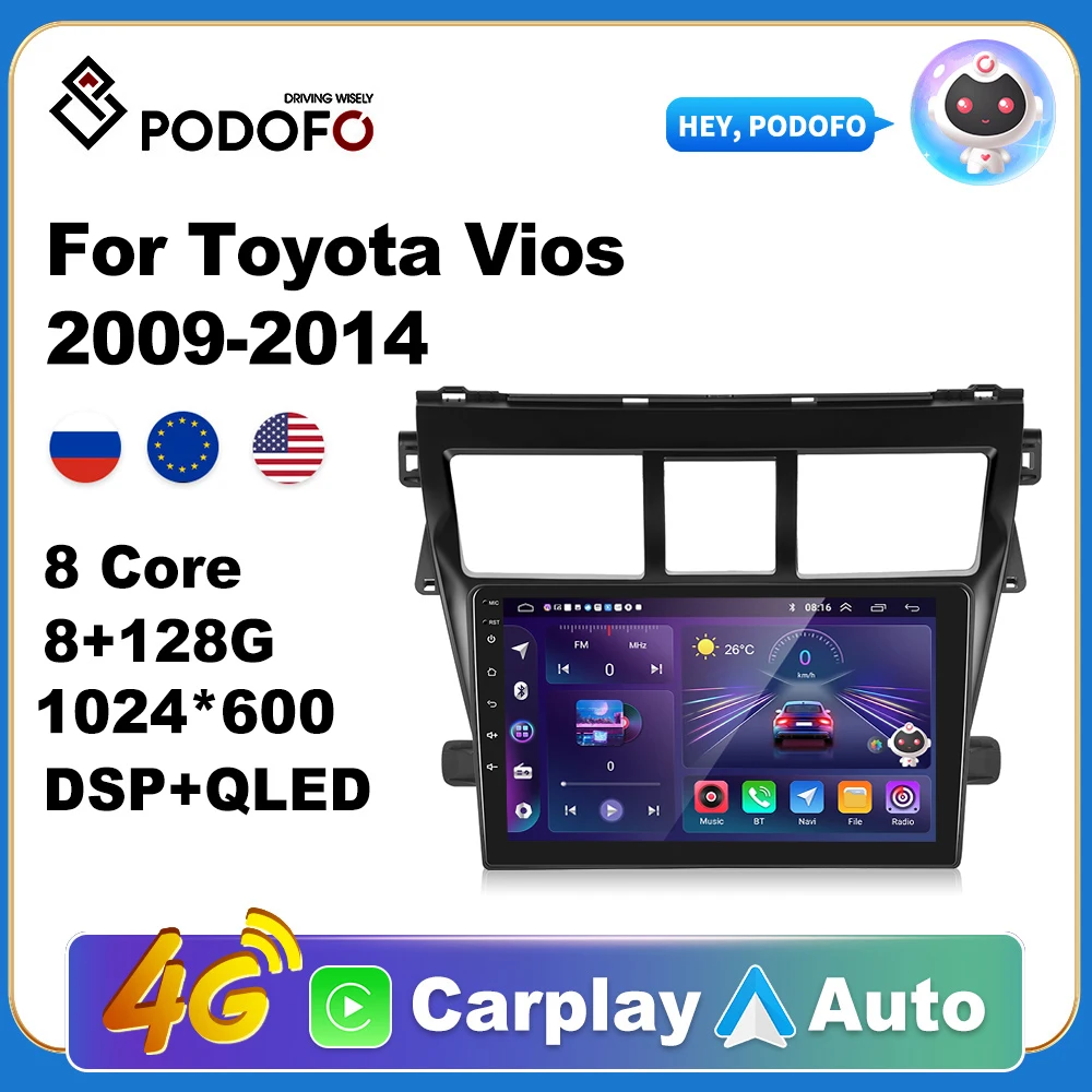 

Podofo Wireless CarPlay Andorid Auto Car Radio For Toyota Vios 2009-2014 AI Voice Multimedia GPS 2din autoradio