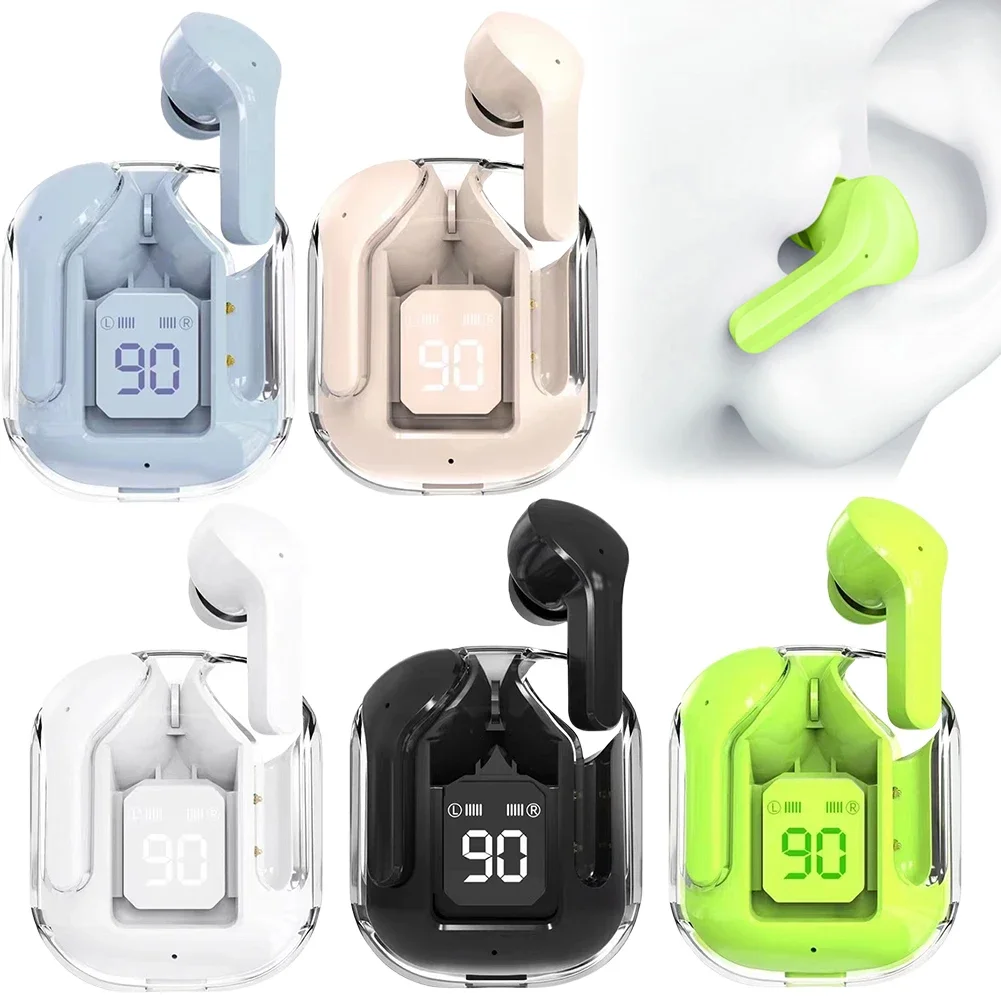 Bluetooth-Compatible Noise Canceling Translucent Earphones with Digital Display Charging Case Small Ear Buds for Sports Working