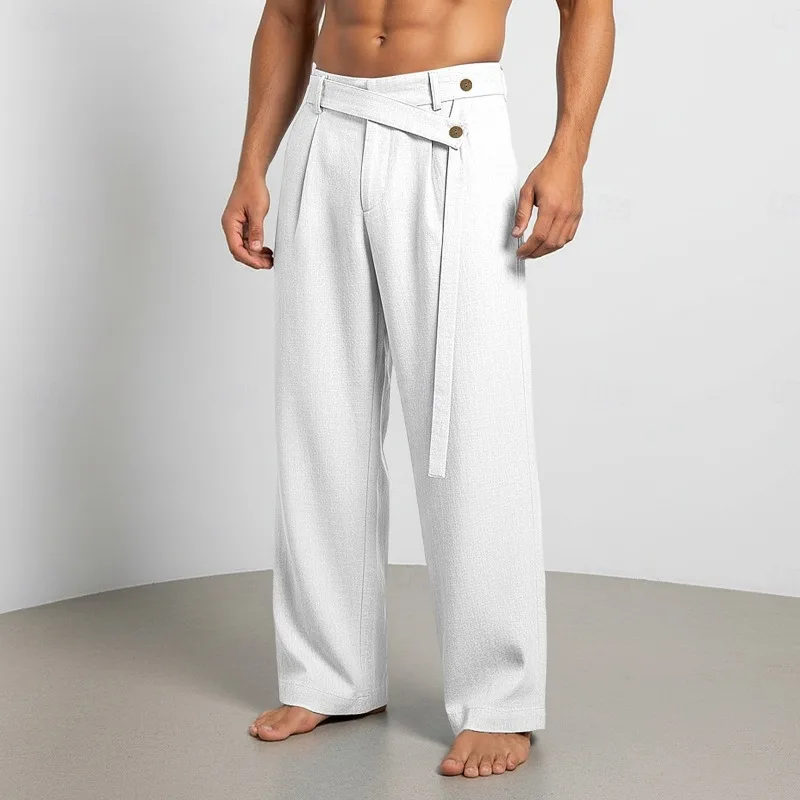 KIDWHXR Man Trousers Summer Thin Pleated Loose Straight Male Wide Leg Pant Vintage Elastic Waist Breathable Men Suit Pant