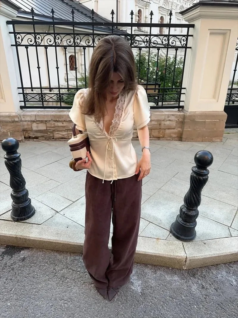 

Chic Lace Women 's Shirts Elegant V-neck Tie Up Single Breasted Tops Female 2025 Summer Autumn Fashion Lady High Street Blouse