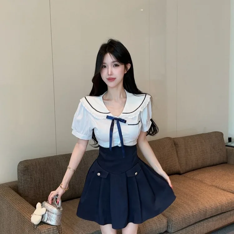 

Pure Desire Sexy Girl Navy Collar Stripe Lace Patchwork High Waist Short Skirt Design Summer Set High Waist Short Sleeve V Neck