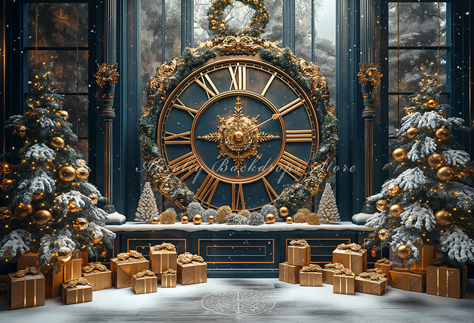 Christmas Clock Backgrounds Kids Adult Photography Props Child Baby Decors Xmas Tree Gift Box Street Snow Scenery Photo Backdrop