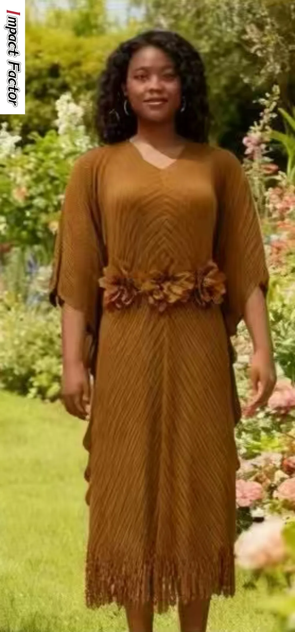 Miyake 2025 Autumn New Fashion Temperament Commuter V-neck Medium Sleeve Dragon Scale Pleated Fringe Hollow Design Long Dress