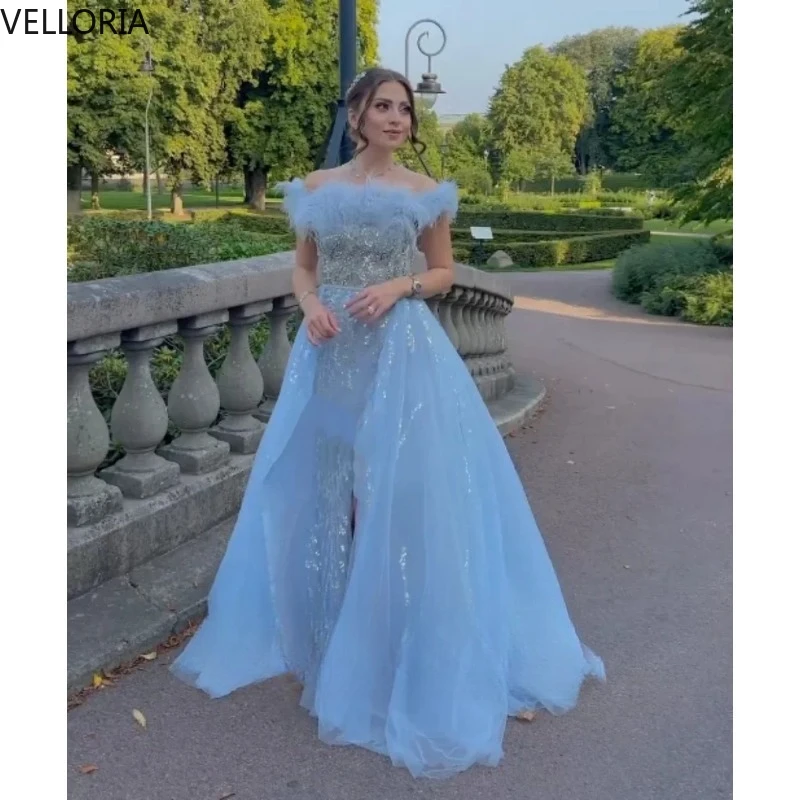 

Элегантное синее бальное платье с открытыми плечами и отделкой из перьев, вечернее платье трапециевидной формы для женщин, праздничное платье, Vestdos De Fiesta по индивидуальному заказу