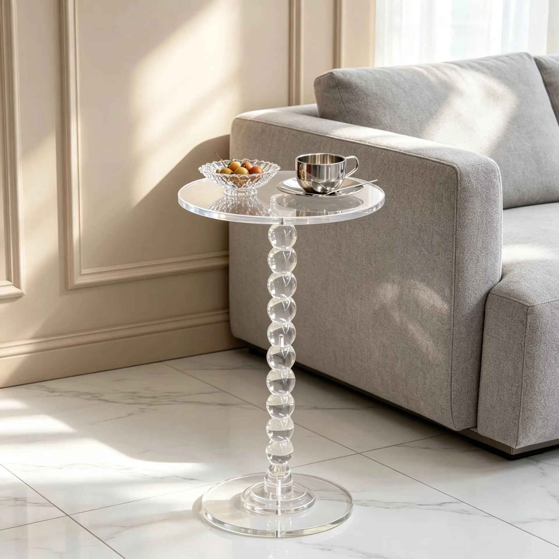 Coffee table luxury small round table transparent acrylic edge beaded spherical column small round table living room sofa corner